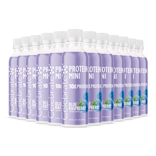 Multiple containers of Protein Mini Blue Raspberry flavor on a white background