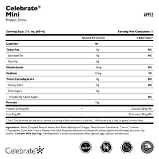 Nutritional label for Celebrate Mini Protein Drink Apple flavor on a white background